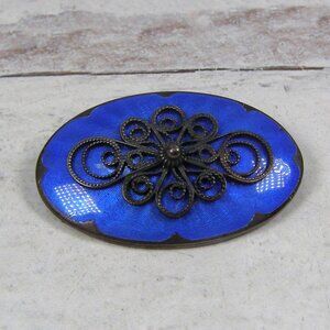 Vintage Sterling Silver Blue Enamel Norway Ivar Holth Brooch Pin Filigree